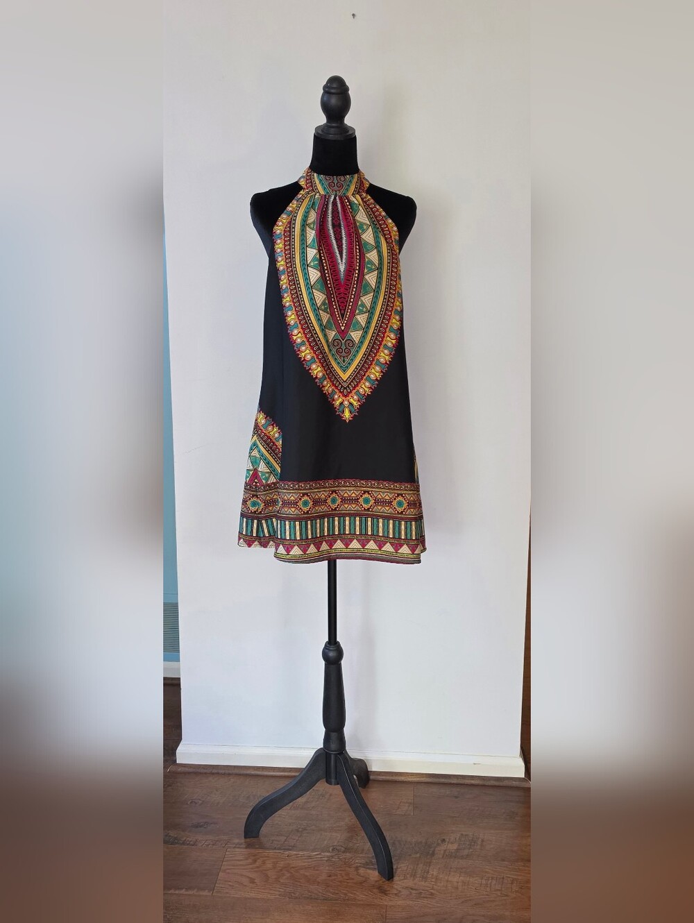 Band of Gypsies Black A-Line Dress with Red, Green, Gold & Teal Tribal Print